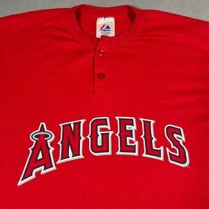 Majestic Los Angeles Angels Baseball Shirt‎ Mens Size L Red Henley Button
